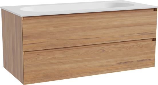 Balmani Mitra meuble salle de bains suspendu 120 x 55 cm teck avec Tablo Oval lavabo simple pour 2 trous de robinet en solid surface blanc mat