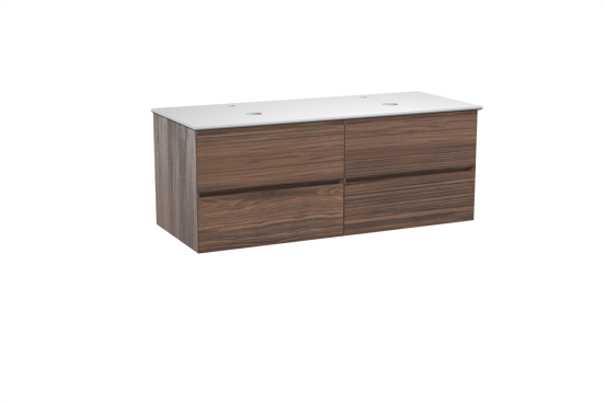 Balmani Mitra zwevend badkamermeubel 135 x 55 cm notelaar met Facetta dubbel tablet in solid surface mat wit