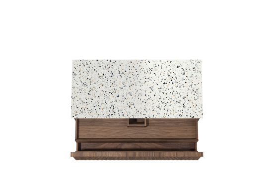 Balmani Forma zwevend badkamermeubel 120 x 55 cm amerikaanse notelaar met Stretto enkel of dubbel tablet in mat wit/zwart terrazzo, Verticale symmetrische rechte ribbel