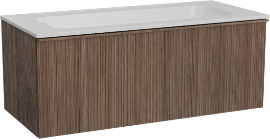 Balmani Forma zwevend badkamermeubel 120 x 55 cm amerikaanse notelaar met Tablo Strada enkele wastafel in composietmarmer mat wit, Verticale asymmetrische ronde ribbel