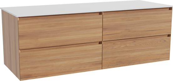 Balmani Mitra zwevend badkamermeubel 150 x 55 cm teak met Stretto enkel of dubbel tablet in solid surface mat wit