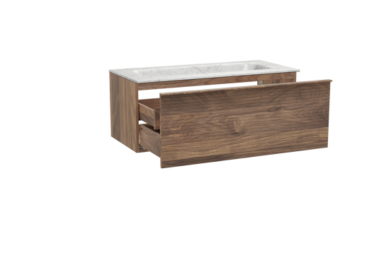 Balmani Forma zwevend badkamermeubel 120 x 55 cm amerikaanse notelaar met Tablo Arcato enkele wastafel in marmer carrara, Horizontale symmetrische rechte ribbel