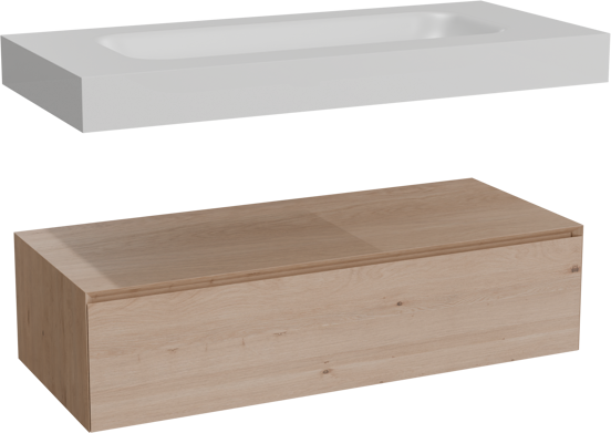 Balmani Mitra Elements meuble salle de bains suspendu 120 x 55 cm chêne naturel avec Wave lavabo simple pour 2 trous de robinet en solid surface blanc mat