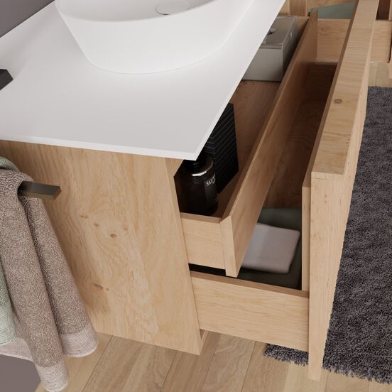 Balmani Forma zwevend badmeubel 120 x 55 cm naturel eiken met Stretto enkel of dubbel wastafelblad in solid surface mat wit, Verticale asymmetrische ronde ribbel