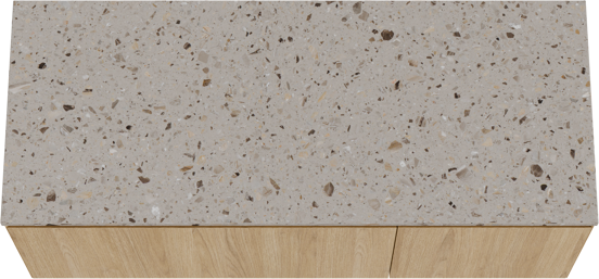 Balmani Idra hängendes Möbelstück Set: 135 x 55 cm, Naturbelassene Eiche, mit Stretto Einzel- oder Doppel Waschtischplatte, Terrazzo in Greige