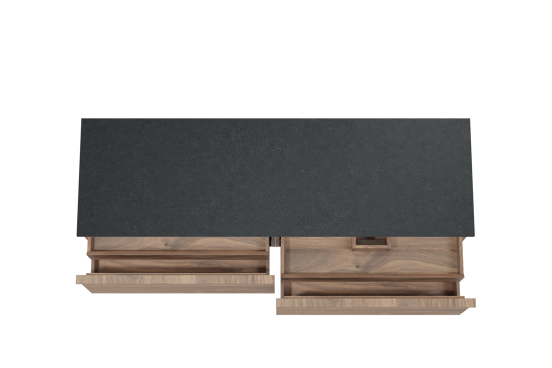 Balmani Forma hängendes Möbelstück Set: 180 x 55 cm, Amerikanischer Nussbaum, mit Stretto Einzel- oder Doppel Waschtischplatte, Granit, Schwarzes Granit, Horizontale symmetrische gerade Rippe