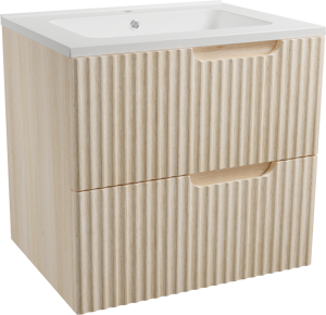 Linie Ribbo meuble salle de bains suspendu 60 x 46 cm chêne clair avec Vano plan simple en marbre composite blanc brillant, Nervure circulaire symétrique verticale