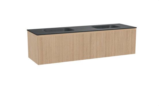 Balmani Fila hängendes Möbelstück Set: 180 x 55 cm, Naturbelassene Eiche, mit Tablo Arcato Doppelwaschtisch, Granit, Schwarzes Granit, Vertikale symmetrische gerade Rippe
