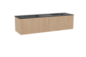 Balmani Fila hängendes Möbelstück Set: 180 x 55 cm, Naturbelassene Eiche, mit Tablo Arcato Doppelwaschtisch, Granit, Schwarzes Granit, Vertikale symmetrische gerade Rippe