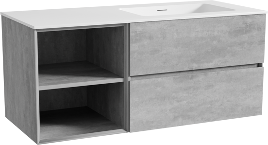 Storke Edge meuble salle de bains suspendu 120 x 52 cm béton gris foncé avec Mata plan vasque asymétrique à droite en solid surface blanc mat