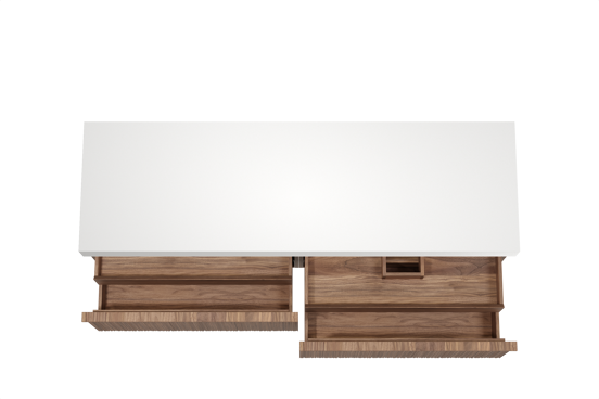 Balmani Forma hängendes Möbelstück Set: 180 x 55 cm, Amerikanischer Nussbaum, mit Dominus Einzel- oder Doppel Waschtischplatte, Solid Surface, Weiß matt, Vertikale asymmetrische Runde Rippe