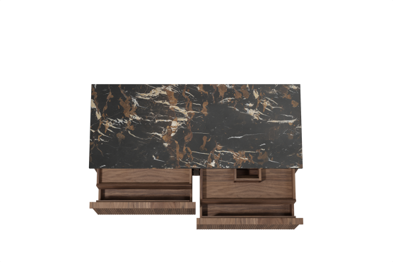 Balmani Forma meuble salle de bains suspendu 135 x 55 cm noyer américain avec Stretto tablette simple ou double en marbre portoro gold, Nervure droite symétrique verticale