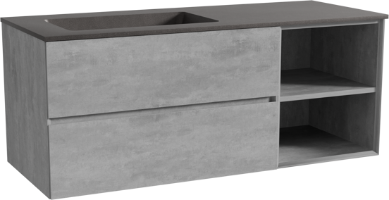 Storke Edge zwevend badmeubel 130 x 52 cm beton donkergrijs met Scuro asymmetrisch linkse wastafel in kwarts mat zwart