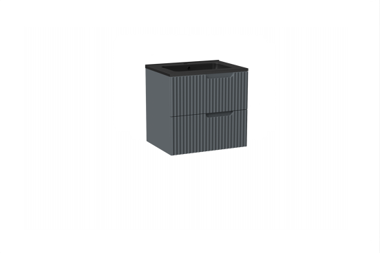 Linie Ribbo meuble salle de bains suspendu 60 x 46 cm bleu anthracite avec Vano plan simple en marbre composite noir mat, Nervure circulaire symétrique verticale