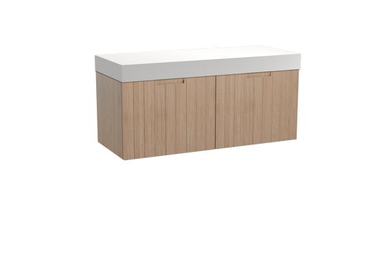 Balmani Adagio hängendes Möbelstück Set: 135 x 55 cm, Verwitterte Eiche, mit Dominus Einzel- oder Doppel Waschtischplatte, Solid Surface Weiß matt