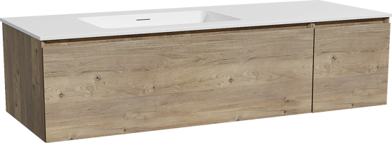 Storke Edge zwevend badmeubel 140 x 52 cm ruw eiken met Mata asymmetrisch linkse wastafel in solid surface mat wit