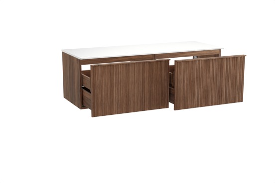 Balmani Forma meuble salle de bains suspendu 150 x 55 cm noyer américain avec Stretto tablette simple ou double en solid surface blanc mat, Nervure circulaire asymétrique verticale