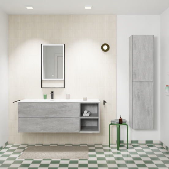 Storke Edge meuble salle de bains suspendu 140 x 52 cm béton gris foncé avec Mata plan vasque asymétrique à gauche en solid surface blanc mat