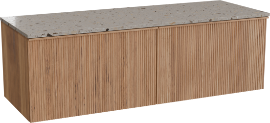 Balmani Forma hängendes Möbelstück Set: 150 x 55 cm, Teak, mit Stretto Einzel- oder Doppel Waschtischplatte, Terrazzo in Greige, Vertikale symmetrische gerade Rippe
