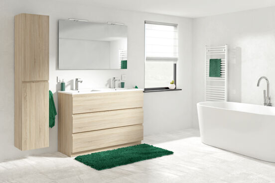 Linie Lado meuble sous-vasque a poser 120 x 46 cm chêne blanc 3 tiroirs 2 découpés de siphon