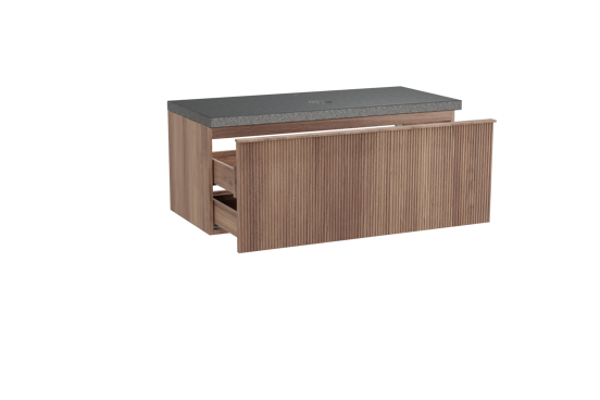 Balmani Forma hängendes Möbelstück Set: 120 x 55 cm, Teak, mit Rock Einzel Waschtischplatte, Granit, Schwarzes Granit, Vertikale symmetrische gerade Rippe