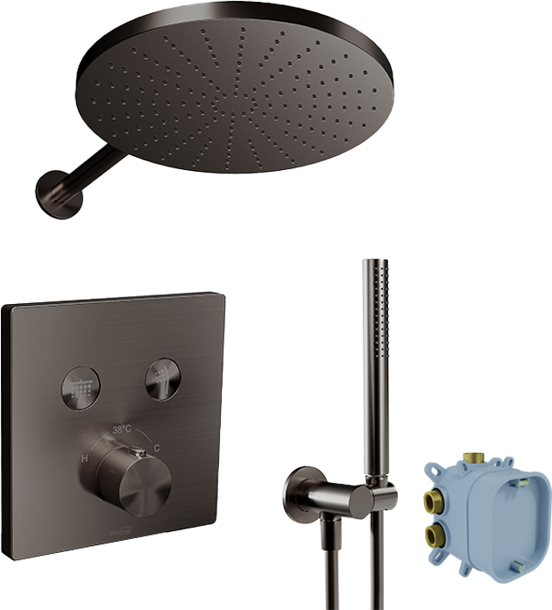 Blaufoss Smartbox Switch-line thermostatische kraan Inbouw regendoucheset met regendouchekop 30 cm Brushed GunMetal