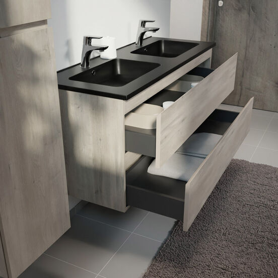 Linie Lado meuble salle de bains suspendu 120 x 46 cm chêne gris avec Vano double vasque en marbre composite noir mat