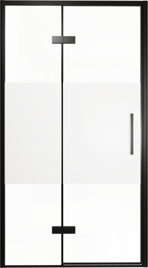 Balmani Senses Design Dusche Drehtür, Links, 120 cm x 210 cm, Klarglas mit mattiertem Streifen, Profil Schwarz, inklusive Coating