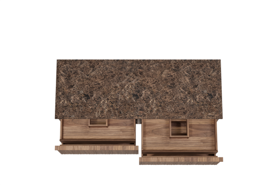Balmani Forma meuble salle de bains suspendu 150 x 55 cm noyer américain avec Stretto tablette simple ou double en marbre dark emperador, Nervure circulaire asymétrique verticale