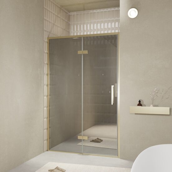 Balmani Senses Design douche draaideur links 140 cm x 210 cm Reflex spiegelglas, Brushed Champagne Gold profielen, met coating