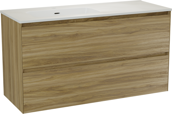 Balmani Mitra Compact zwevend badkamermeubel 100 x 46 cm ruwe eik met Nostra asymmetrisch linkse wastafel in porselein glanzend wit