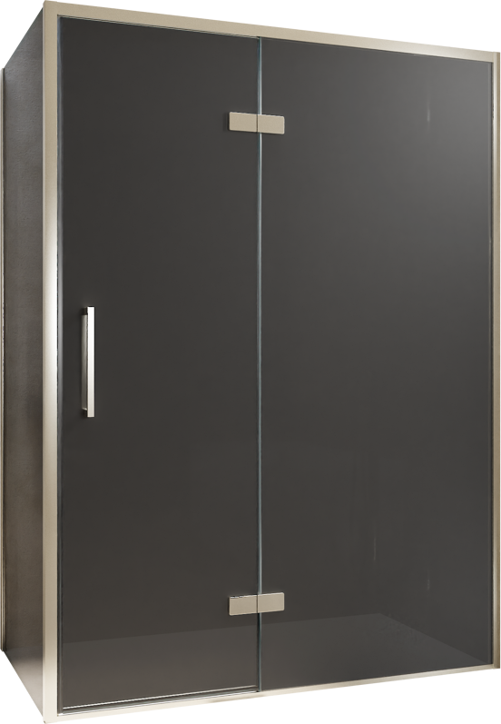 Balmani Senses Design douche en coin avec porte pivotante à droite et paroi latérale fixe, 140 x 80 cm, Verre fumé, Profil Brushed CoolMetal, coating inclus