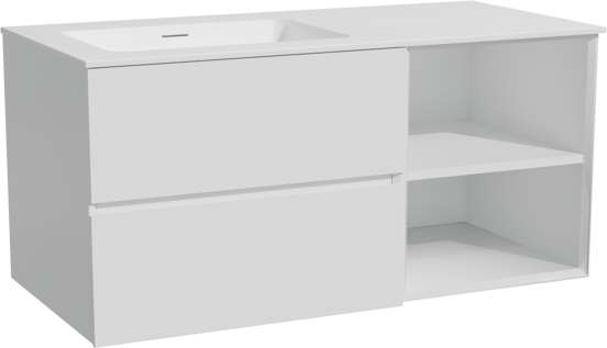 Storke Edge zwevend badmeubel 110 x 52 cm hoogglans wit met Mata asymmetrisch linkse wastafel in solid surface mat wit