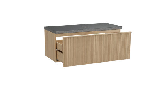 Balmani Forma hängendes Möbelstück Set: 120 x 55 cm, Naturbelassene Eiche, mit Rock Einzel Waschtischplatte, Granit, Schwarzes Granit, Vertikale asymmetrische Runde Rippe