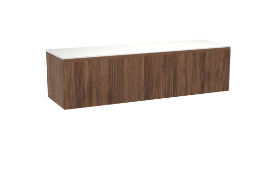 Balmani Fila hängendes Möbelstück Set: 180 x 55 cm, Nussbaum, mit Stretto Einzel- oder Doppel Waschtischplatte, Solid Surface, Weiß matt, Vertikale symmetrische gerade Rippe