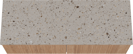 Balmani Forma hängendes Möbelstück Set: 150 x 55 cm, Teak, mit Stretto Einzel- oder Doppel Waschtischplatte, Terrazzo in Greige, Vertikale symmetrische gerade Rippe
