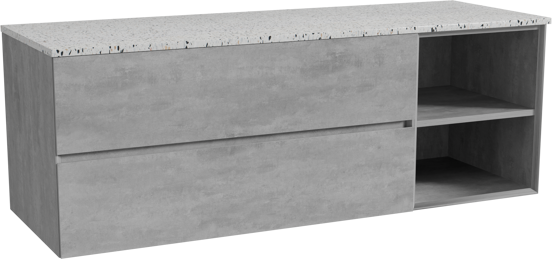 Storke Edge zwevend badkamermeubel 150 x 52 cm beton donkergrijs met Tavola enkel of dubbel tablet in mat wit/zwart terrazzo