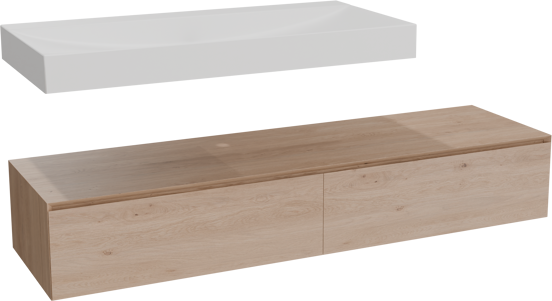 Balmani Mitra Elements meuble salle de bains suspendu 180 x 55 cm chêne naturel avec Modus lavabo simple pour 2 trous de robinet 120 cm en solid surface blanc mat