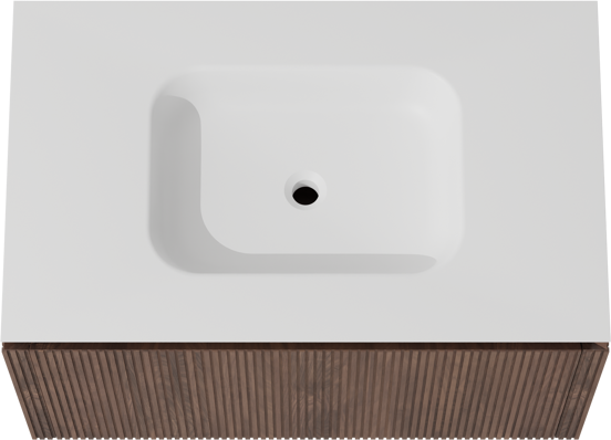 Balmani Eclips zwevend badkamermeubel 90 x 55 cm Amerikaanse notelaar met Eclips enkele wastafel in Solid Surface mat wit, Verticale symmetrische rechte ribbel