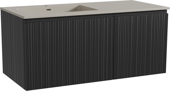 Storke Ribs zwevend badkamermeubel 110 x 52 cm zwarte eik met Diva asymmetrisch linkse wastafel in top solid zijdegrijs, Verticale asymmetrische rechte ribbel