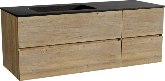 Storke Edge zwevend badmeubel 140 x 52 cm ruw eiken met Scuro asymmetrisch linkse wastafel in kwarts mat zwart