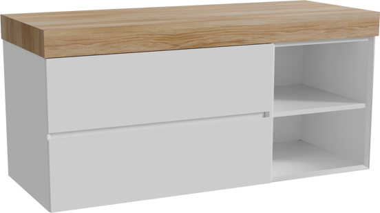 Storke Edge zwevend badkamermeubel 130 x 52 cm glanzend wit met Kada enkel of dubbel tablet in hpl rustieke teak