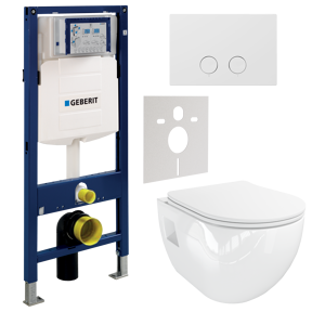 WC Set: Linie Waldo Hänge WC, Weiß glänzend, spülrandlos, Geberit UP320 Systemfix Einbauspülkasten mit Luca Varess Betätigungsplatte