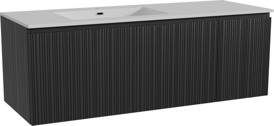 Storke Ribs zwevend badmeubel 140 x 52 cm zwart eiken met Diva asymmetrisch linkse wastafel in composietmarmer hoogglans wit, Verticale asymmetrische rechte ribbel