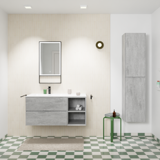 Storke Edge zwevend badmeubel 110 x 52 cm beton donkergrijs met Mata asymmetrisch linkse wastafel in solid surface mat wit