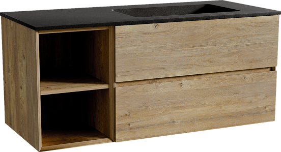 Storke Edge zwevend badmeubel 120 x 52 cm ruw eiken met Scuro asymmetrisch rechtse wastafel in kwarts mat zwart