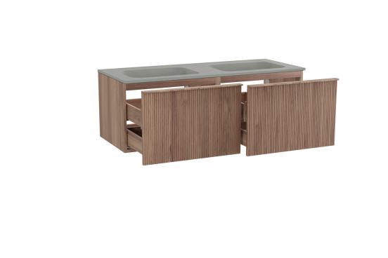 Balmani Forma zwevend badkamermeubel 135 x 55 cm teak met Tablo Strada dubbele wastafel in composietmarmer zijdegrijs, Verticale symmetrische rechte ribbel