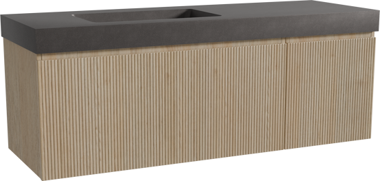 Storke Ribs hängendes Möbelstück Set: 150 x 52 cm, Rohe Eiche, mit Scuro High Waschtisch links, Quarz, Schwarz matt, Vertikale symmetrische gerade Rippe