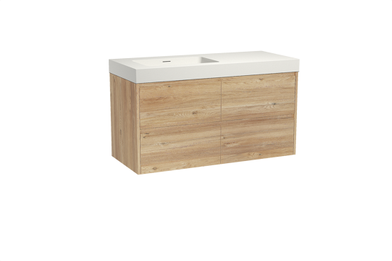 Storke Seda zwevend badkamermeubel 120 x 52 cm ruwe eik met Mata High asymmetrisch linkse wastafel in solid surface mat wit