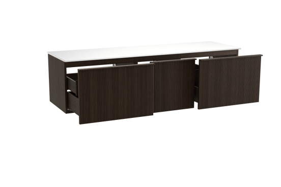 Balmani Forma zwevend badkamermeubel 180 x 55 cm gerookte eik met Stretto enkel of dubbel tablet in solid surface mat wit, Verticale symmetrische rechte ribbel